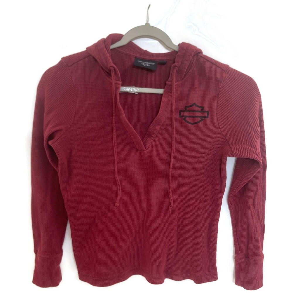 Harley-Davidson‎ Hoodie Womens Large Red Waffle Knit Thermal Pullover Graphic
